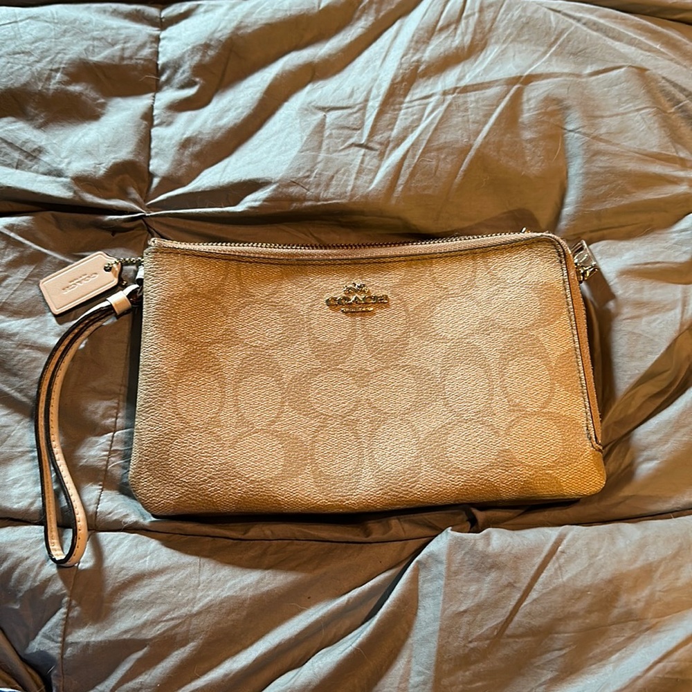 Coach Double Zip Corner Wristlet with Attached Wrist Strap - Light Khaki & Cream